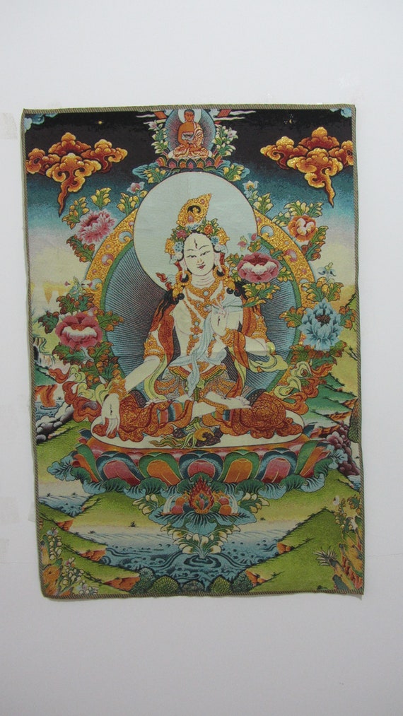 チベットタンカ絵画、素敵なシルク編み絵画ホワイトターラネパール仏教