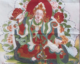 May include: A detailed illustration of a seated figure with a red halo, adorned in ornate robes. The figure is surrounded by floral elements, including peonies and other blossoms. The artwork features a vibrant color palette with reds, greens, and golds.