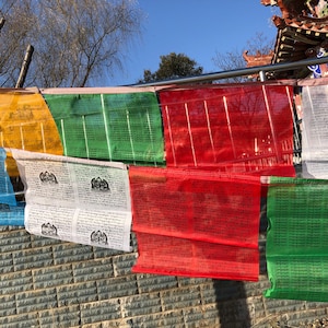 A string of 25 pieces prayer flag  with patterns and  Buddhist scriptures Colorful  Buddhistic Wall Hanging Cotton Silk lacy wall Art Decor