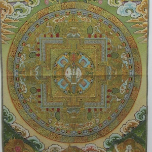 チベットタンカ シルクプリント絵画 仏教神工芸 菩薩タンカ 壁掛け 瞑想ヨガ用 仏教タペストリー装飾