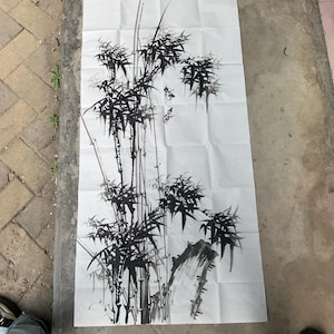 Raffinato dipinto a mano originale senza cornice di bambù con inchiostro cinese su carta di riso, acquerello Sumi-e floreale, decorazione per soggiorno