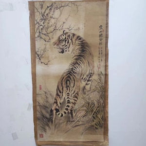 Large Chinese Old Paper Painting Tiger folk painting scroll old water margin Without scroll Drawing Mountains Painting on Paper Marked B2344