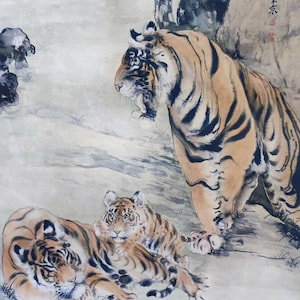 Paper Painting Three Tiger Family painting scroll old water margin Without scroll Drawing Animmal Painting Paper Marked Wildlife home decor
