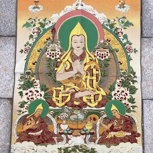 Tibetan Thangka Painting, Silk braid Painting Tsongkhapa and his disciples Nepal Buddhism Tangka Wall Hanging for Meditation Buddhist Decor