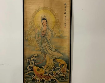 Guanyin painting, Rustic Signed Chinese Wall hanging scroll interior wall decor, Ancient Chinese Xuanzhi Rice Paper Guanyin with Water Vase