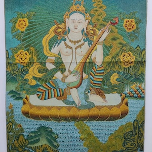 妙音佛母 2.9 ft  Brocade embroidery Buddha Saraswati  wall decor painting praying worship thangka