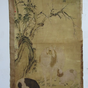 Pittura su carta antica arte orientale tre capre animali pittura margine acqua senza pergamena disegno montagne pittura su carta marcata