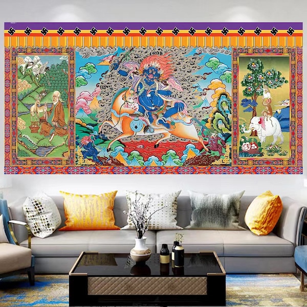 TibetanThangka Silk Print Painting Buddhist Deity Crafts bodhisattva Thangka Wall Hanging Tangka for Meditation Yoga Buddhist Decor Tapestry