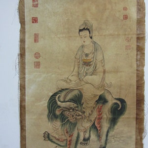 Cinese Grande Carta Dipinto Guanyin Bodhisattva Dipinto Rotolo Vecchio Margine d'acqua Senza rotolo Disegno del Buddha Dipinto su Carta Contrassegnato