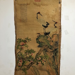 Large Chinese Old Paper Painting China Crane painting scroll Vtg water margin Without scroll Drawing Mountains Painting on Paper Marked SY29