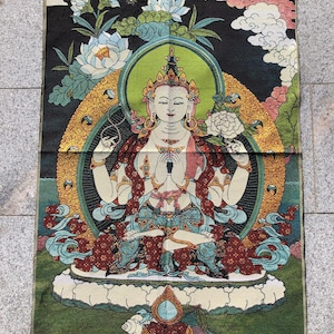 Tibetan Thangka Painting, Silk braid Painting four-arms bodhisattva Nepal Buddhism Tangka Wall Hanging for Meditation Buddhist Decor SY16411
