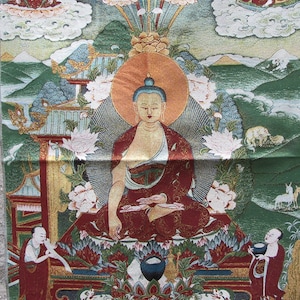 Tibetan Thangka Silk Print Painting Buddhist Deity Craft Shakyamuni Wall Hanging Yoga Buddhist Decor Thangka Tapestry