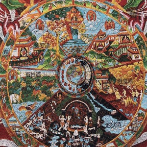 May include: A detailed, circular tapestry depicting a Buddhist Wheel of Life. The artwork features vibrant colours and intricate illustrations of various realms, figures, and symbolic elements, with text in a foreign language.
