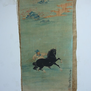 Pittura cinese su carta antica Pittura popolare cinese a cavallo Rotolo antico margine dell'acqua Senza rotolo Disegno Montagne Pittura su carta Contrassegnata SY299