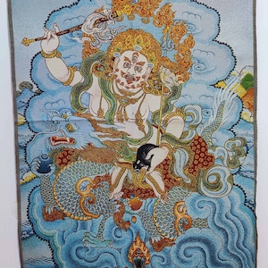 Tibetan Thangka Painting, Nice Silk braid Painting White God of wealth Buddhism Tangka Wall Hanging for Meditation Buddhist Decoration SY226