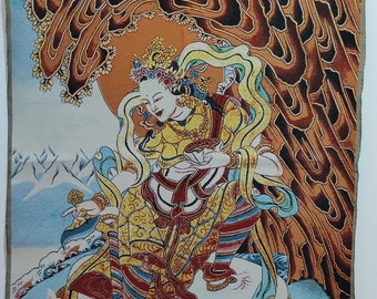 Tibetan Nepal temple Brocade embroidery thangka Yeshe.Tsogyal wall decor Buddha painting Religious and Spiritual artwork buddhist worship