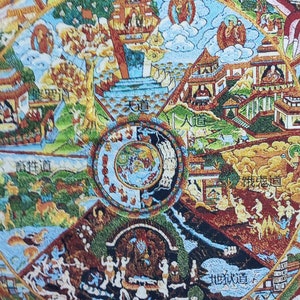May include: A vibrant tapestry illustrating the Buddhist Wheel of Life. The artwork shows a central circle with diverse scenes, including figures, buildings, and landscapes, encircled by a large, red, multi-eyed deity.
