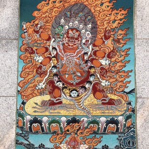 Tibetan Buddhism Cloth Silk Eco-friendly six arms Mahakala Gonpo Thangka, Painting, Vintage Thangka, Nepal Drawing Art, Wall hanging decor
