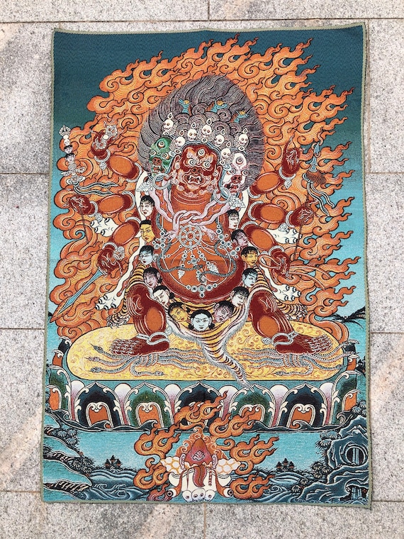 チベットのタンカ（Thangka絹の布を用いた貼り絵「絹貼りタンカ」 チベット仏教布シルク環境に優しい6本腕マハカラゴンポタンカ、絵画