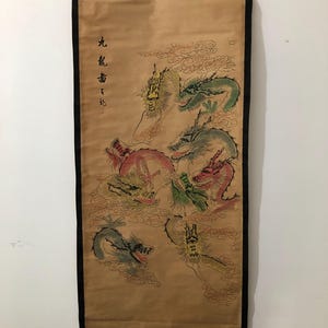 Vintage Dragon painting, Rustic Art Prints,Signed Chinese Antique hanging scroll interior wall decor Wall Hanging Scroll Feng shui Decor H31