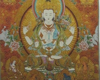 May include: A detailed, colorful tapestry featuring a central figure surrounded by smaller figures in golden halos. The central figure is seated, with a serene expression, and is adorned in ornate robes. The background is a mix of gold, orange, and floral elements.
