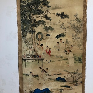 Grande dipinto cinese su carta antica, pittura popolare cinese, rotolo di pittura di gru, vecchio margine d'acqua, senza rotolo, disegno di figurina, carta segnata