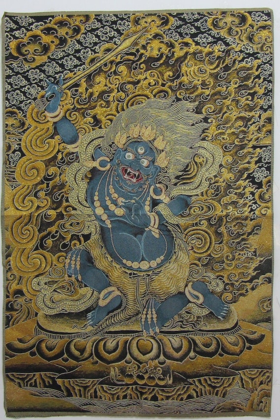 Tibetan Thangka Painting, Silk braid Painting  six- armed  Mahākāla  Nepal Buddhism Tangka Wall Hanging for Meditation Buddhist Decor SY278