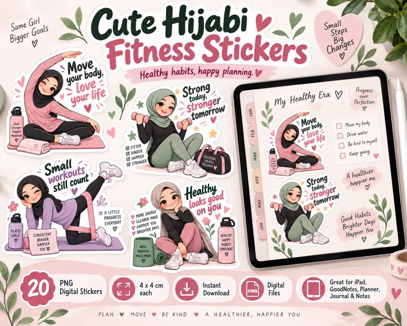May include: A digital sticker set titled Cute Hijabi Fitness Stickers featuring illustrations of women in hijabs exercising. Includes text like Move your body, love your life, Strong today, stronger tomorrow, and My Healthy Era on a tablet screen.
