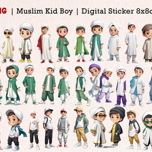 May include: 36 digital stickers featuring illustrations of Muslim boys wearing various clothing styles. The stickers are 8x8 cm and are perfect for adding a personal touch to your projects.