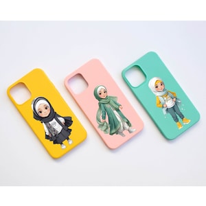 Peut inclure: Trois coques de t&eacute;l&eacute;phone avec des fonds de couleurs diff&eacute;rentes et des illustrations de filles portant des hijabs. Les coques sont jaunes, roses et turquoise.