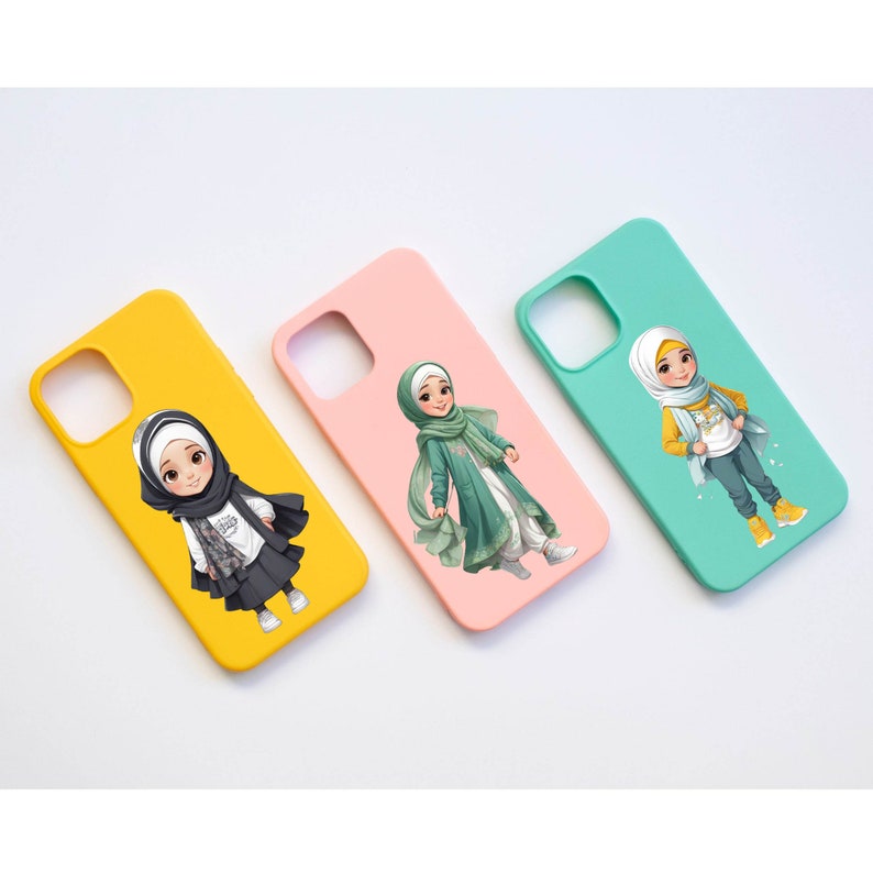 Peut inclure: Trois coques de t&eacute;l&eacute;phone avec des fonds de couleurs diff&eacute;rentes et des illustrations de filles portant des hijabs. Les coques sont jaunes, roses et turquoise.