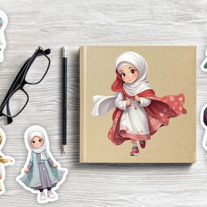 Peut inclure: Ensemble de six autocollants color&eacute;s repr&eacute;sentant des filles de dessin anim&eacute; portant des hijabs. Les filles sont dans diff&eacute;rentes poses et portent des tenues diff&eacute;rentes. Les autocollants sont parfaits pour ajouter une touche de personnalit&eacute; aux ordinateurs portables, aux bouteilles d'eau ou aux journaux.