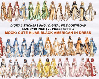 Black Hijab American Woman | Cute Hijab Digital Download Stickers | Digital File PNG | Beautiful Muslim Woman | Black Woman in Dress Lady