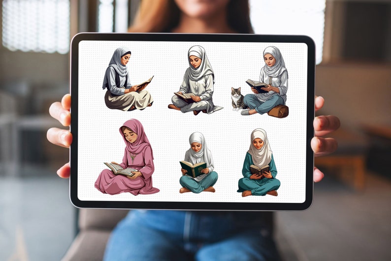 May include: Six digital illustrations of women wearing headscarves and reading books. The women are sitting in various poses and are wearing different colored clothing. One illustration includes a cat.
