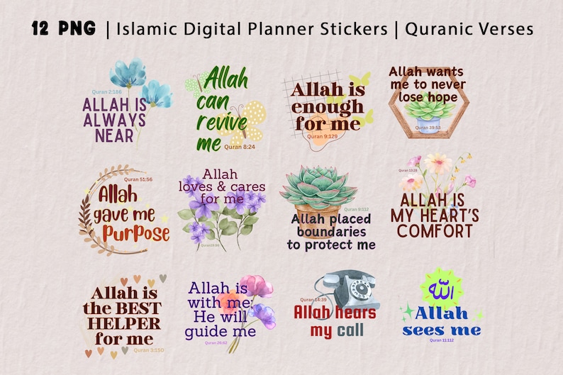 Pu&ograve; includere: Dodici adesivi digitali per planner con citazioni islamiche e disegni floreali. Gli adesivi presentano versetti del Corano e messaggi ispiratori su Allah. Gli adesivi sono di vari colori, tra cui rosa, blu, verde e giallo.