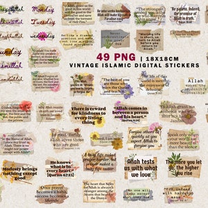 Puede incluir: 49 pegatinas digitales con citas y diseños islámicos. Las pegatinas son de estilo vintage con un fondo de acuarela y detalles florales. Las pegatinas miden 18x18 cm.
