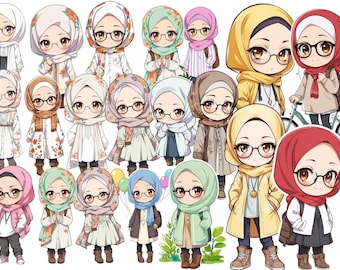 May include: A collection of 18 cartoon illustrations of people wearing colorful hijabs and various outfits. The illustrations are in a cute anime style.