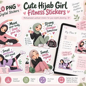 May include: A set of 20 digital PNG stickers featuring cartoon girls in hijabs performing fitness activities. The stickers include motivational text like Move your body, love your life, Strong today, stronger tomorrow, and Small workouts still count.