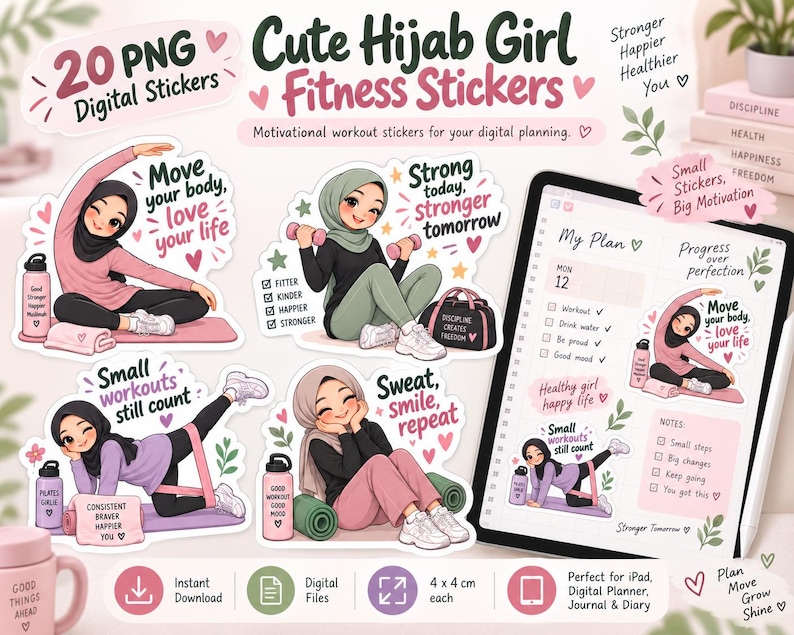 May include: A set of 20 digital PNG stickers featuring cartoon girls in hijabs performing fitness activities. The stickers include motivational text like Move your body, love your life, Strong today, stronger tomorrow, and Small workouts still count.