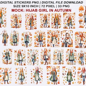 Op de afbeelding: Digitale stickers met aquarel illustraties van hijab meisjes in herfstkleding. Elke sticker toont een meisje in verschillende outfits, omringd door herfstbladeren en pompoenen. De stickers zijn 22,86 x 25,4 cm groot.