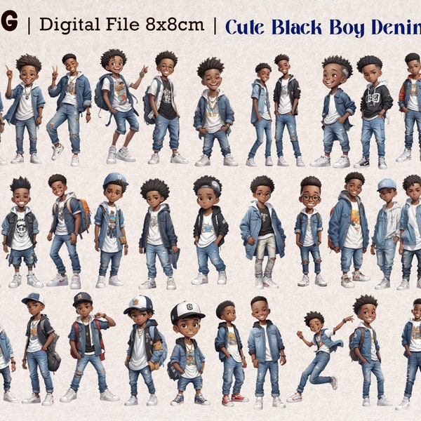 Cute Black Boy Denim Style | Denim Black Kid | Jeans Boy | Little Denim Black Boy | Digital File PNG | Cute Black Boy | Denim PNG File