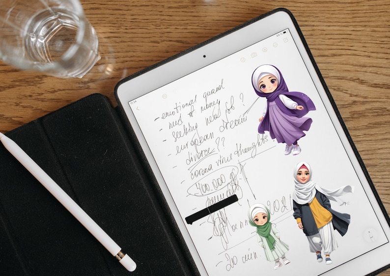 Peut inclure: Une tablette num&eacute;rique avec un fond blanc et des notes manuscrites. Les notes comprennent les mots "emotional quand", "need of money", "seeking new job", "European dream", "divorce??", "corona virus thoughts", et "400,000". Il y a trois illustrations de femmes en dessin anim&eacute; portant des foulards.