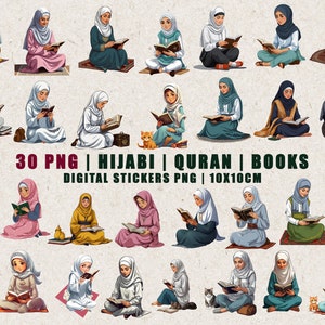 May include: 30 digital stickers featuring women wearing hijabs and reading books. The stickers are 10x10 cm and feature a variety of colors and designs.