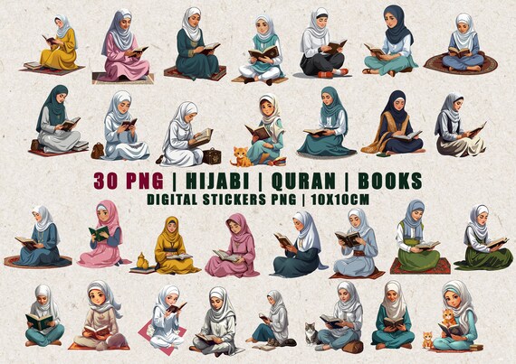 Hijabi | Quranic Reflections| Book Lovers |  Hijab Girl Digital Sticker PNG | Reading Books | Reading Quran | Muslimah PNG | Hijabi Woman