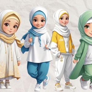 Peut inclure: Quatre filles de dessin anim&eacute; portant des hijabs et des tenues de diff&eacute;rentes couleurs. Les filles portent des v&ecirc;tements blancs, jaunes, bleus et verts. Elles sourient toutes et regardent la cam&eacute;ra.