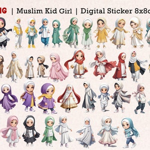 Pegatina de planificador digital islámico de niña musulmana con hijab / Niños lindos / Niño musulmán / Hermosa niña con hijab / Archivo digital PNG de niña con hijab