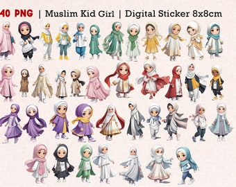 Pegatina de planificador digital islámico de niña musulmana con hijab / Niños lindos / Niño musulmán / Hermosa niña con hijab / Archivo digital PNG de niña con hijab