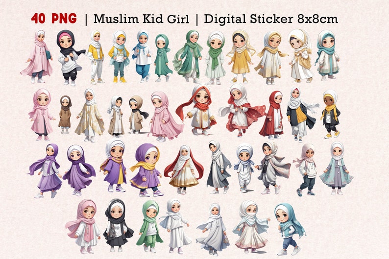 Peut inclure: 40 autocollants num&eacute;riques illustrant des filles portant des hijabs de diff&eacute;rentes couleurs et poses. Les autocollants mesurent 8x8 cm.