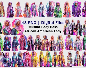 Hijab Woman | Digital File PNG | Cute Black American African Muslim Lady Boss | Hijab in Coat Blazer|  Princess Muslim | Islamic Girl Art
