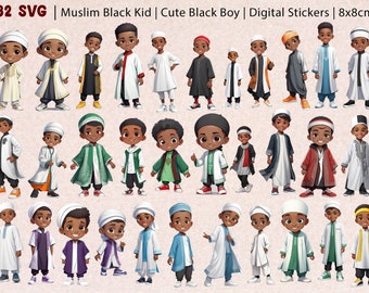 Muslim Black Boy | Islamic Digital Planner Sticker | Cute American Black Boys | Muslim Kid | Muslim Boy Jubah | Male Kid | PNG Digital File